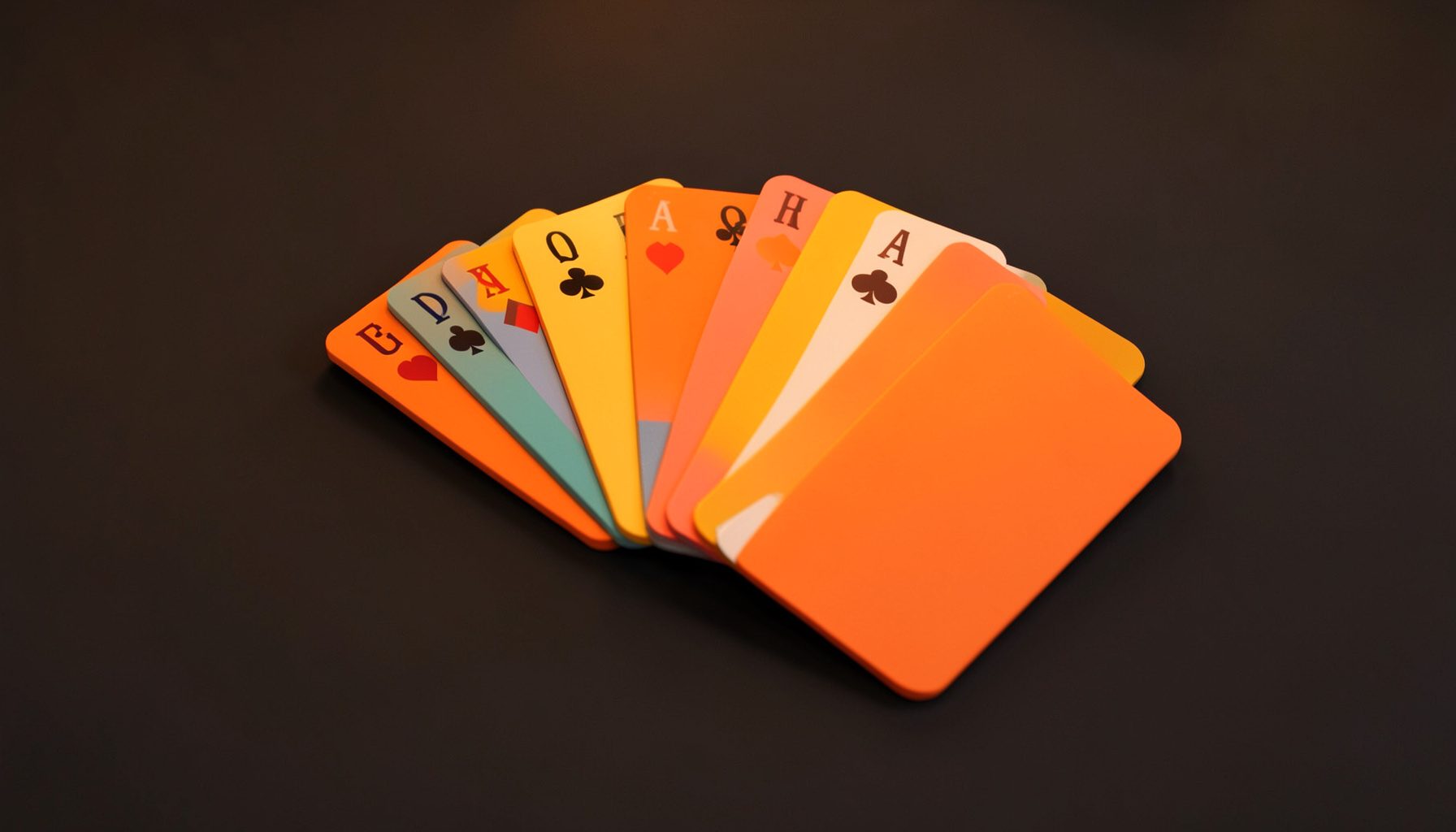 Isometric 3D render of colorful playing cards arranged in a fan pattern on a dark surface, with warm orange and amber highlights